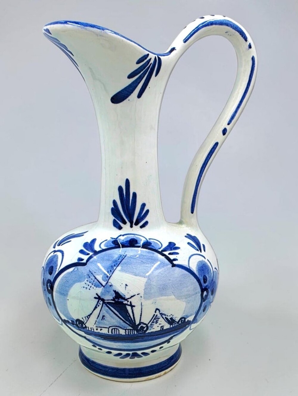 Delft Blue White Pitcher with Handle Windmills Ceramic Signed Numbered
